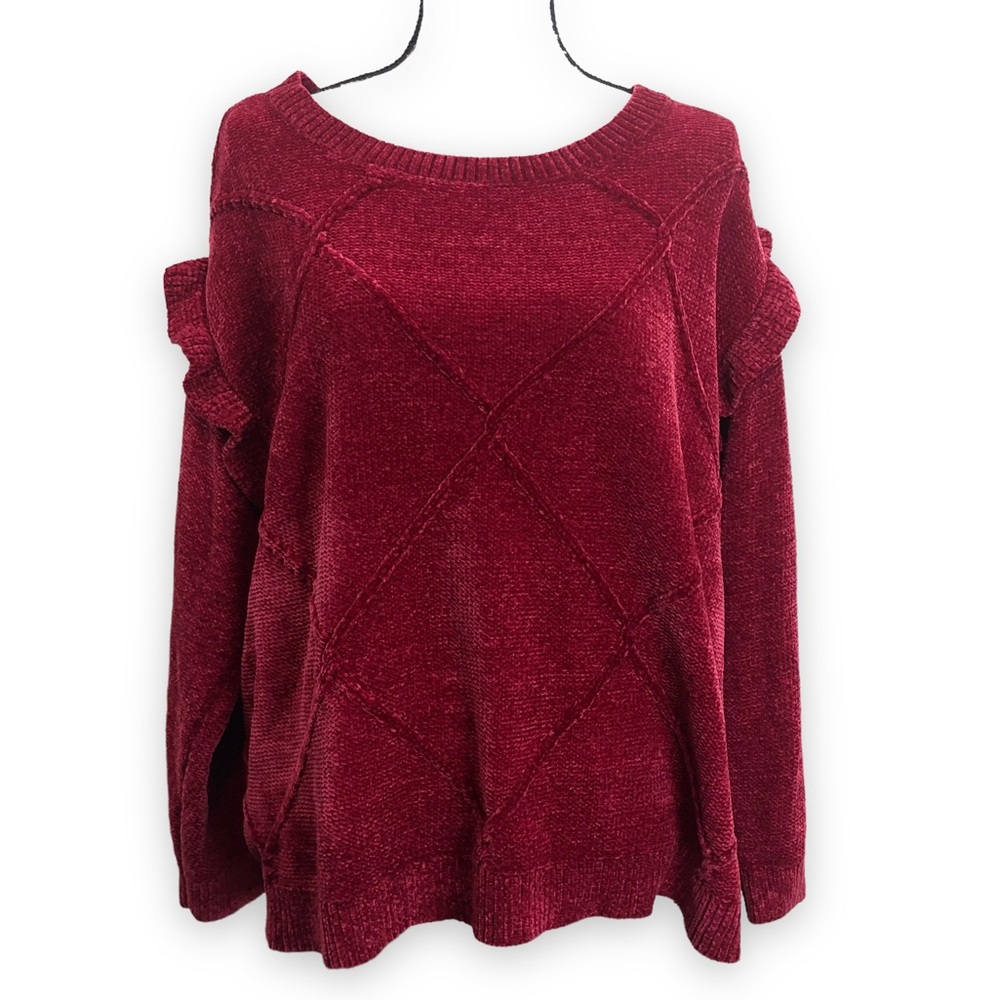 Crown Ivy Womens Ruffle Chenille Plus Curvy Maroon Burgundy Sleeve Sweat…